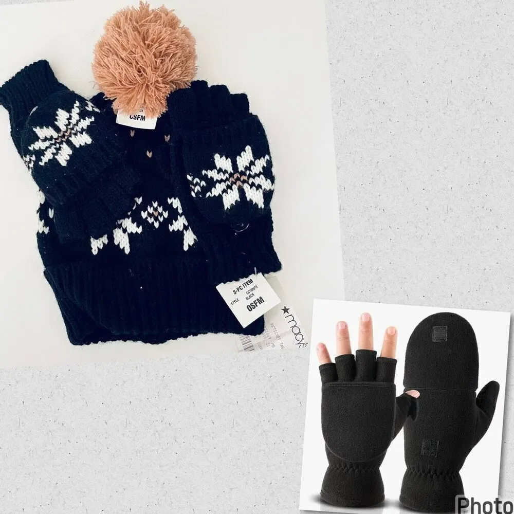 NWT Charter Club Black & White Snowflakes Nordic Beanie Pom Pom Gloves 2 Pc Set